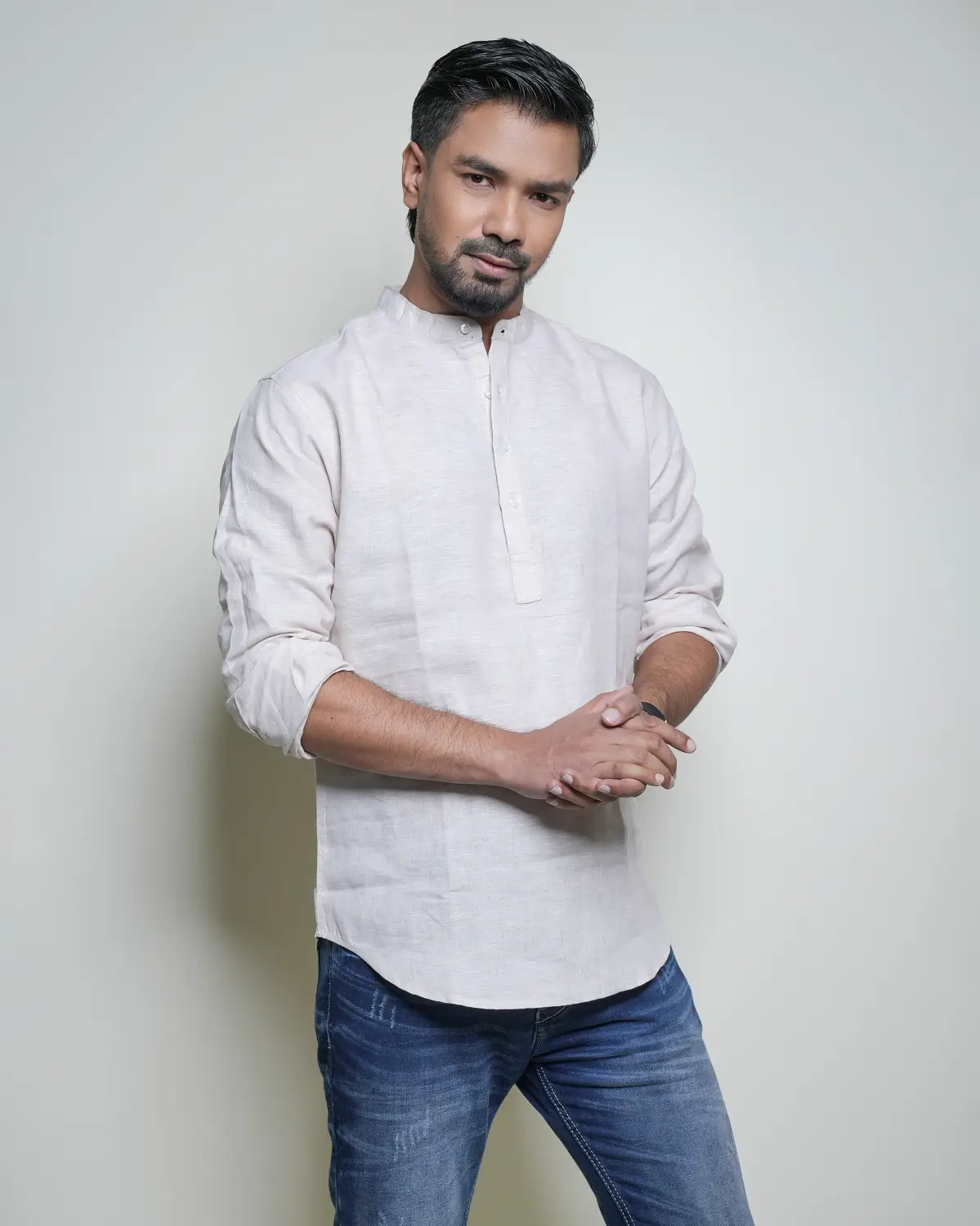 Men’s Band Collar Shirt Creem - Image 3