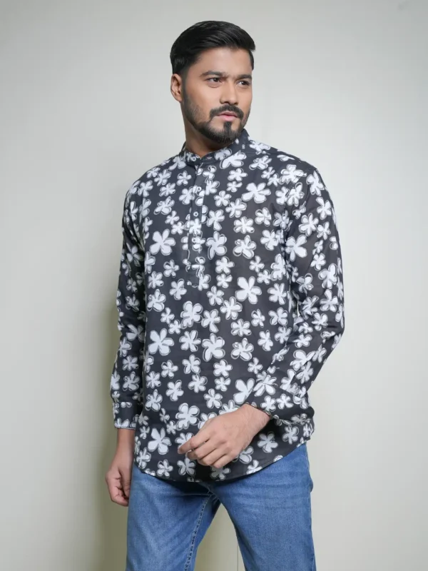 Men’s Band Collar Shirt Flower Print
