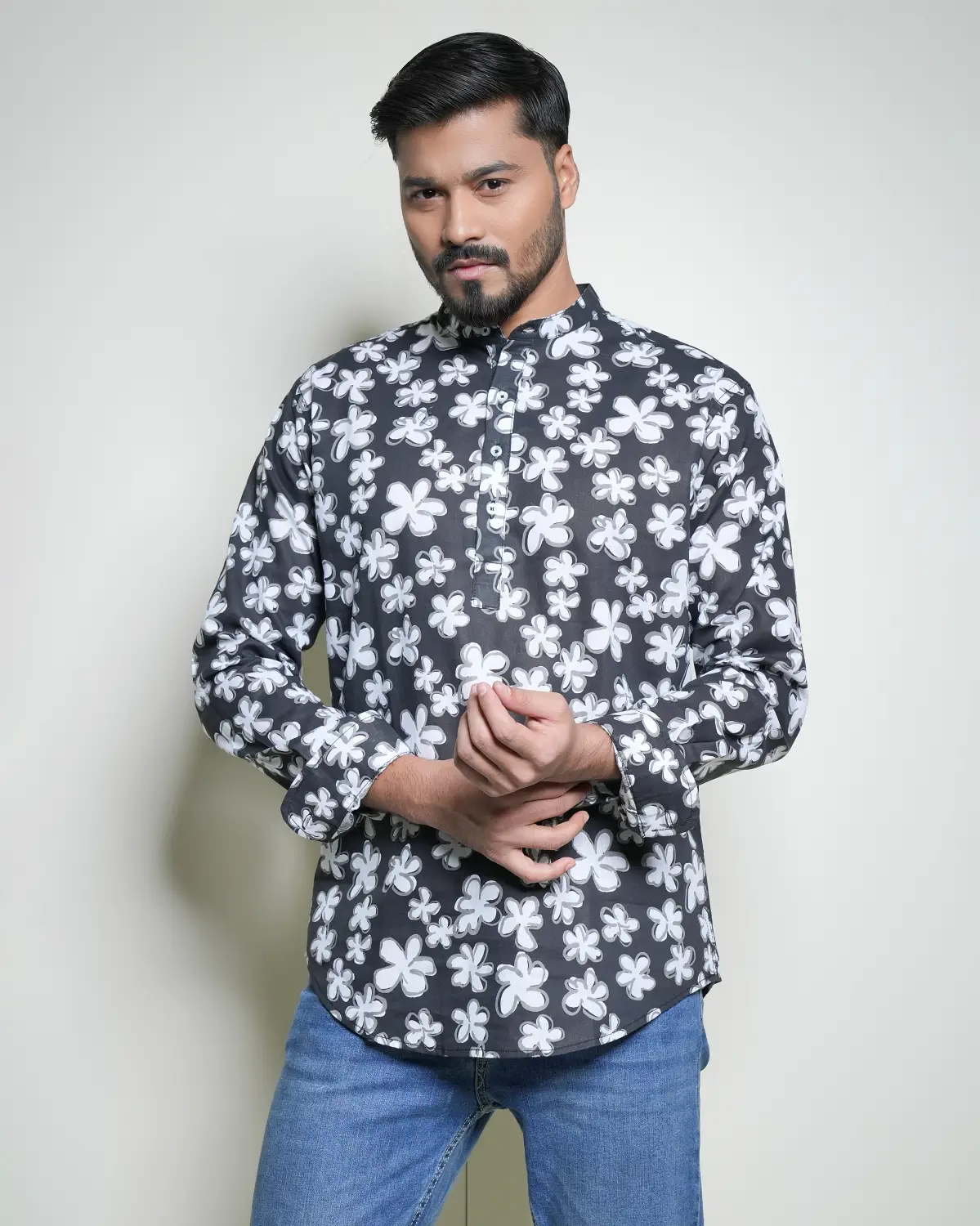 Men’s Band Collar Shirt Flower Print - Image 3
