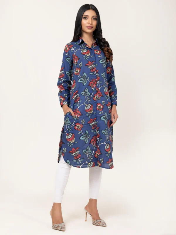 Ladies Kurti Gray Navy Print
