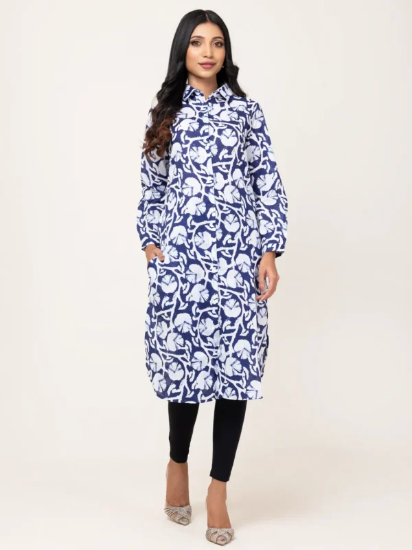 Ladies White & Blue Print Kurti
