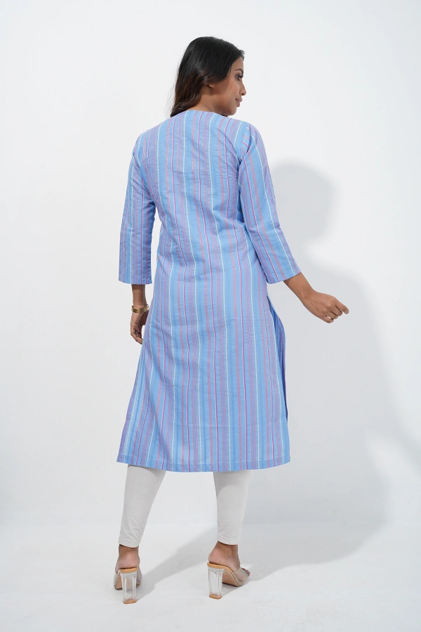 Baby Blue Yarn-Dyed Striped Long Kurti - Image 6