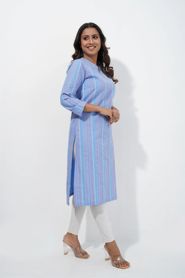 Baby Blue Yarn-Dyed Striped Long Kurti - Image 3