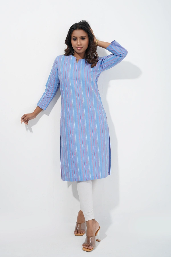 Baby Blue Yarn-Dyed Striped Long Kurti - Image 4