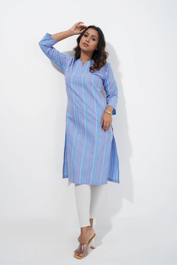 Baby Blue Yarn-Dyed Striped Long Kurti - Image 5