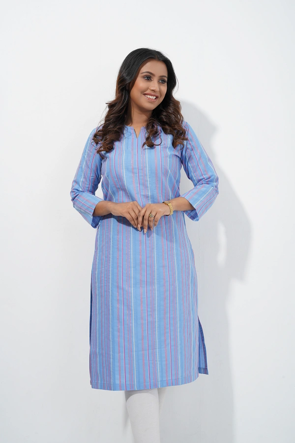 Baby Blue Yarn-Dyed Striped Long Kurti