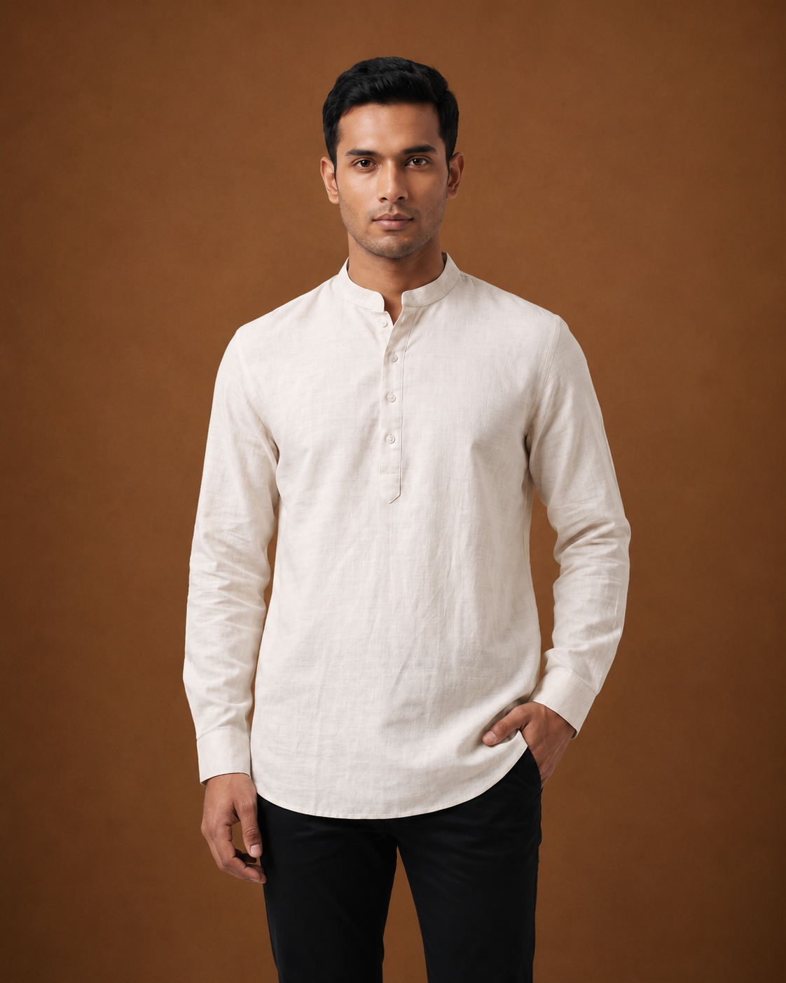 Solid Cream Band Collar Shirt