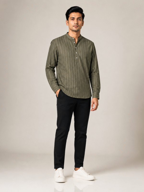 Olive Stripe Band Collar Shirt