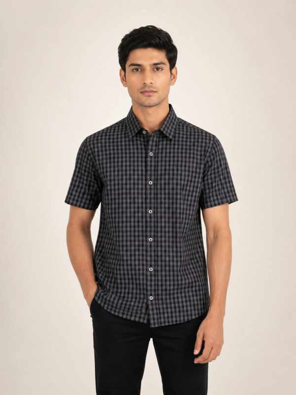 Ashen Black Check Half Shirt