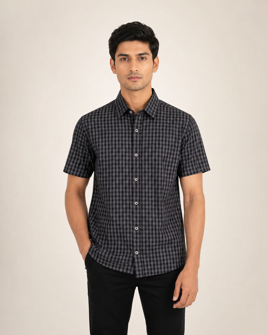 Ashen Black Check Half Shirt
