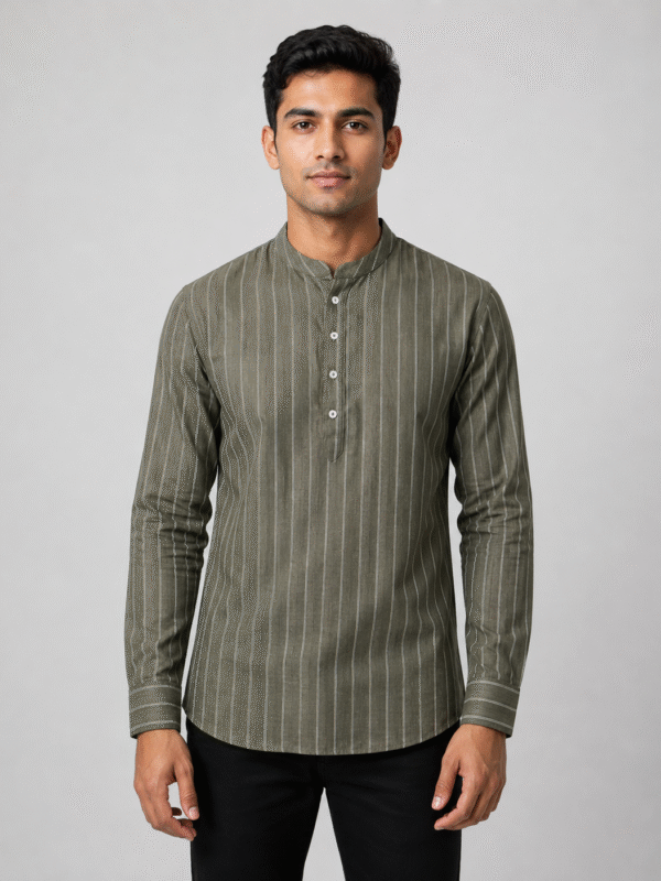 Olive Stripe Band Collar Shirt