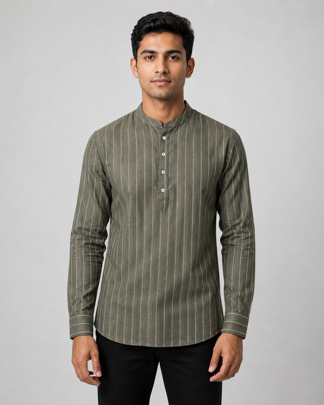 Olive Stripe Band Collar Shirt