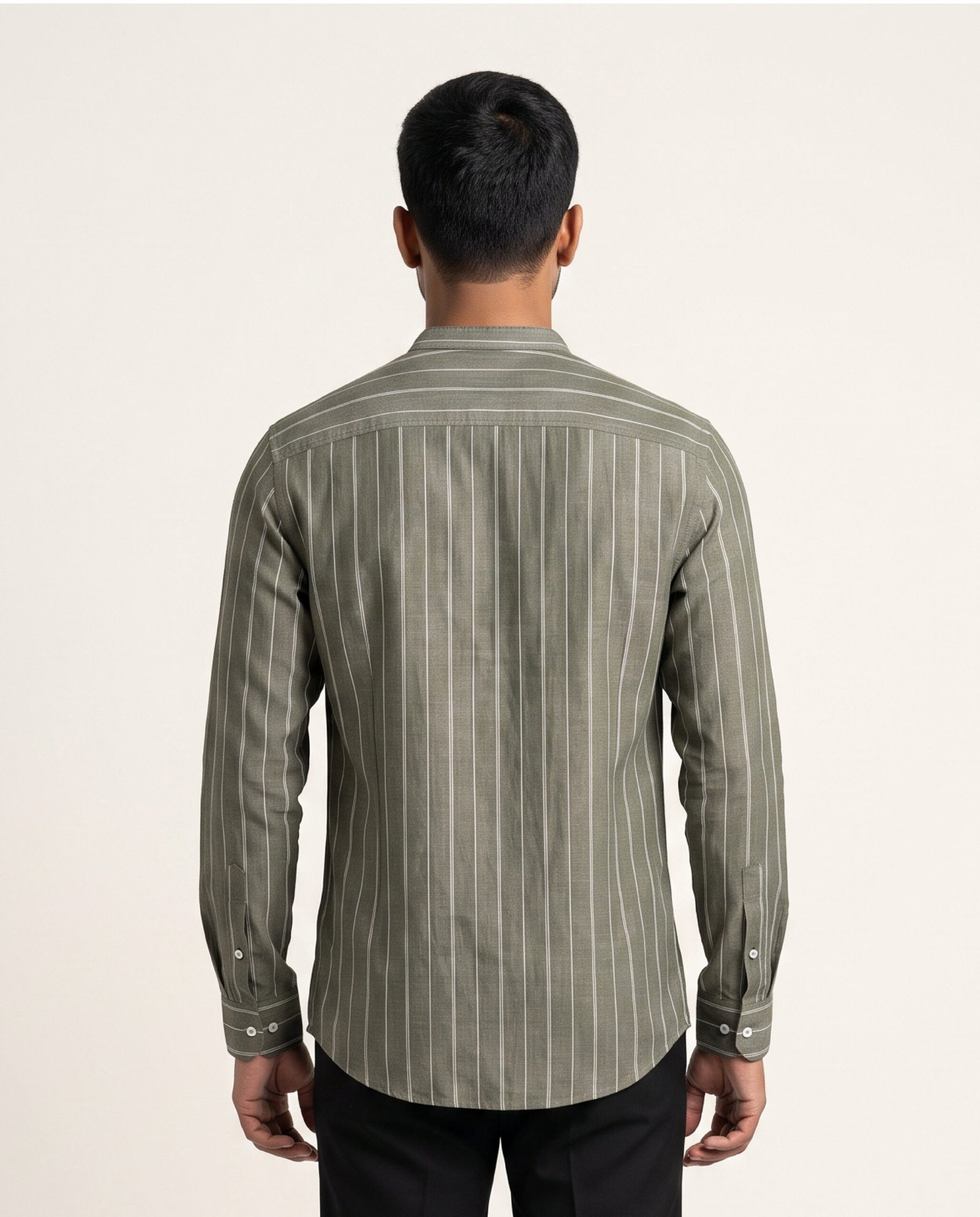 Olive Stripe Band Collar Shirt - Image 4