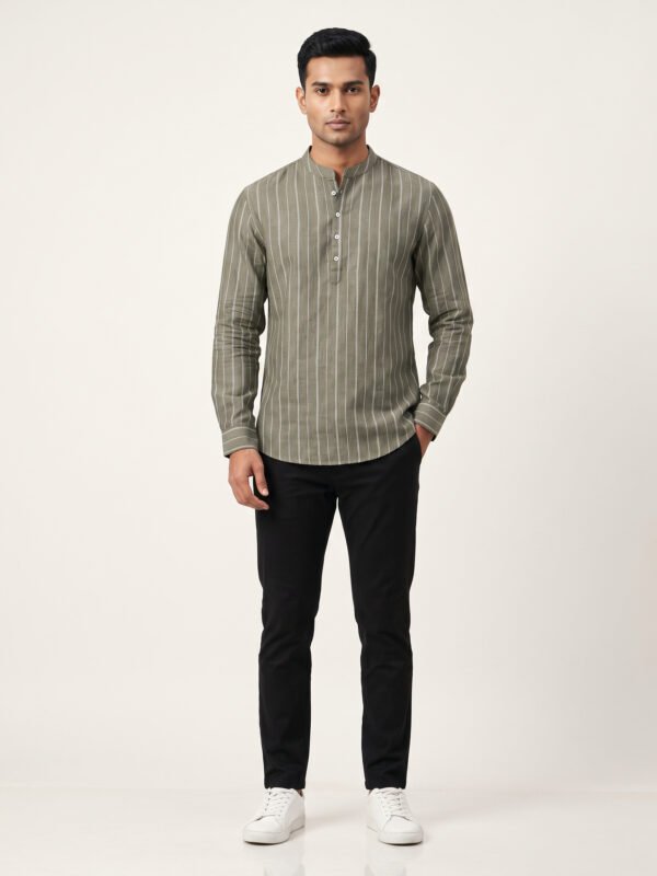 Olive Stripe Band Collar Shirt