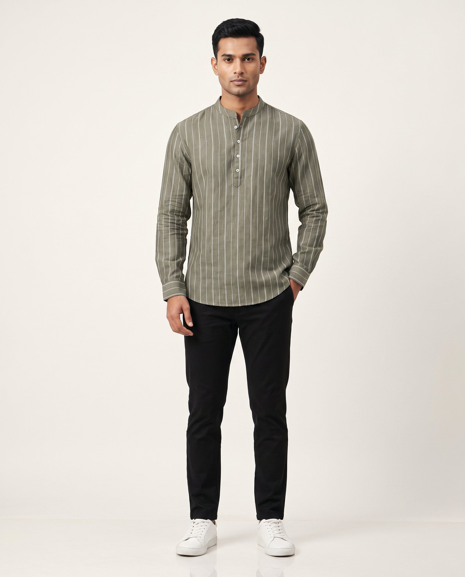 Olive Stripe Band Collar Shirt