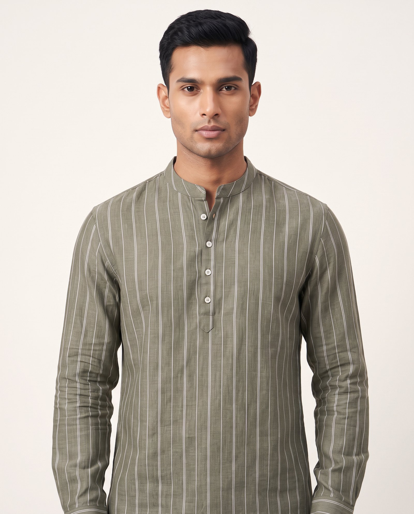 Olive Stripe Band Collar Shirt - Image 2