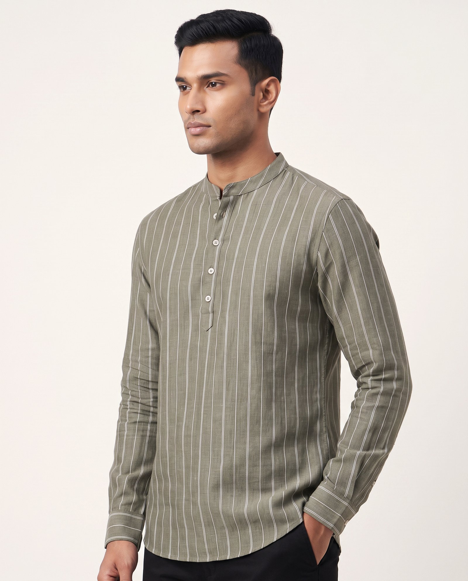 Olive Stripe Band Collar Shirt - Image 3